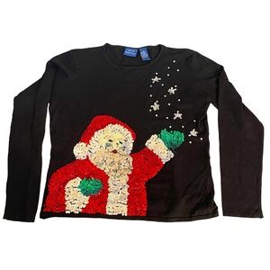 Natural Reflections Sequin Santa w/ Snowflakes‎ Long Sleeve Shirt Blouse Size M